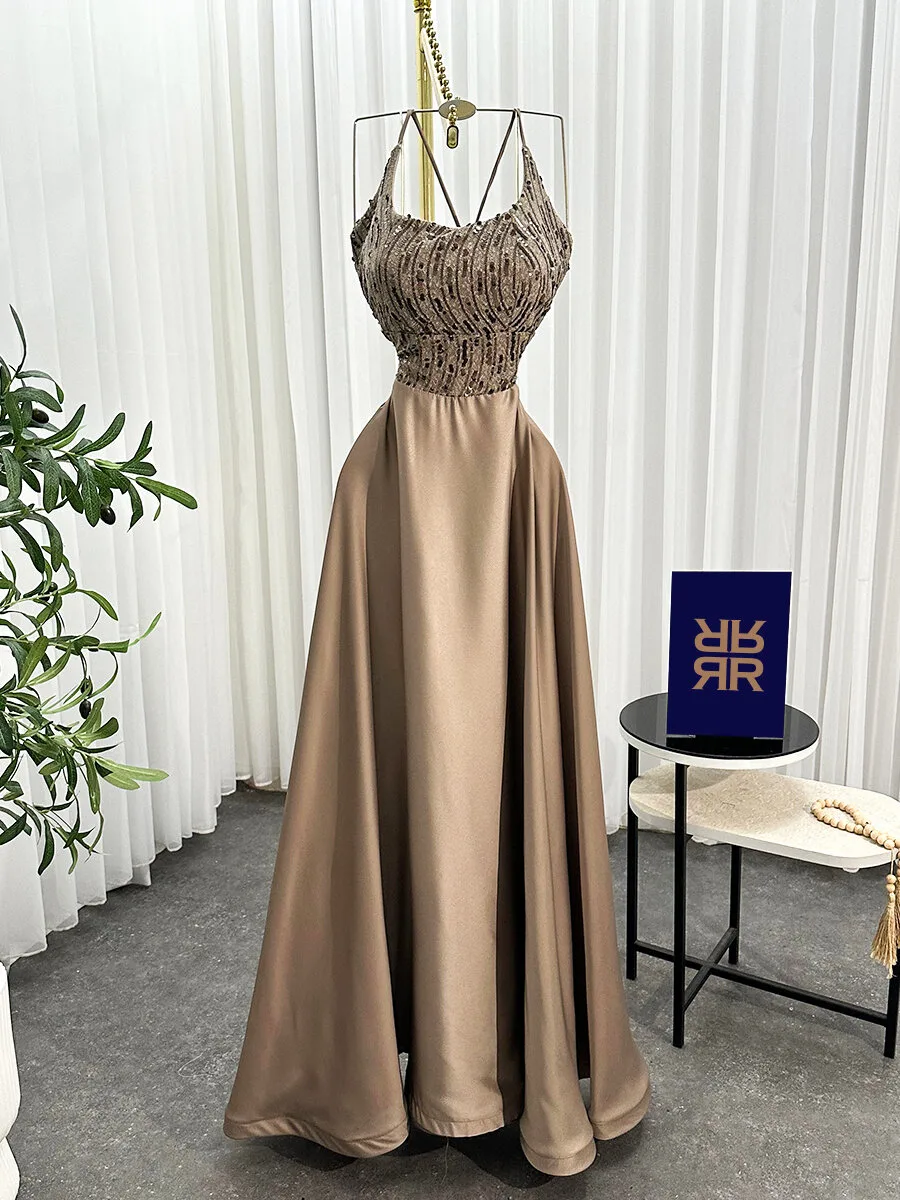 فستان بني ساتان بحمالات رفيعة بقصة A-line