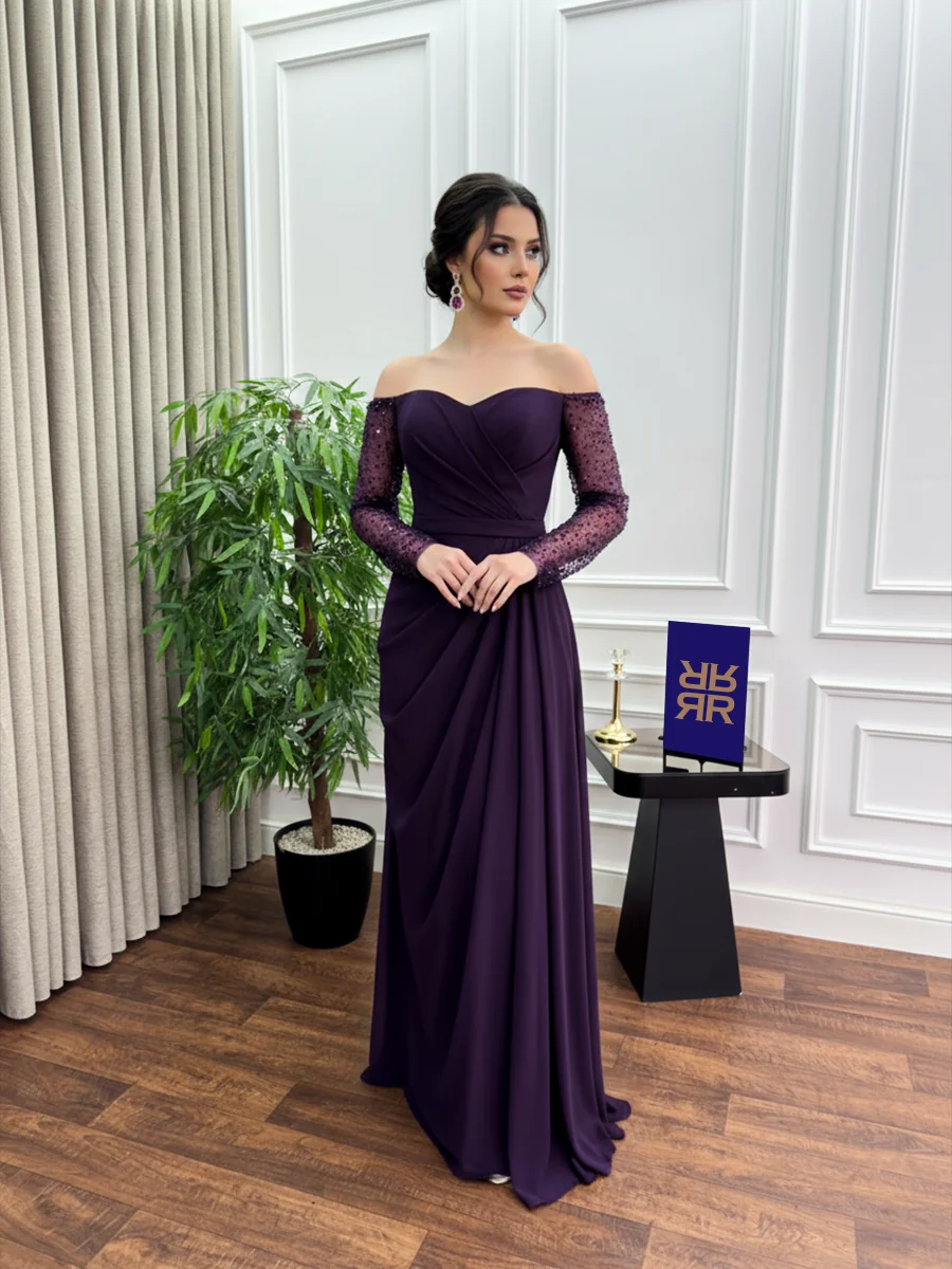 فستان سهرة بنفسجي ملكي بأكمام قصيرة من الشيفون