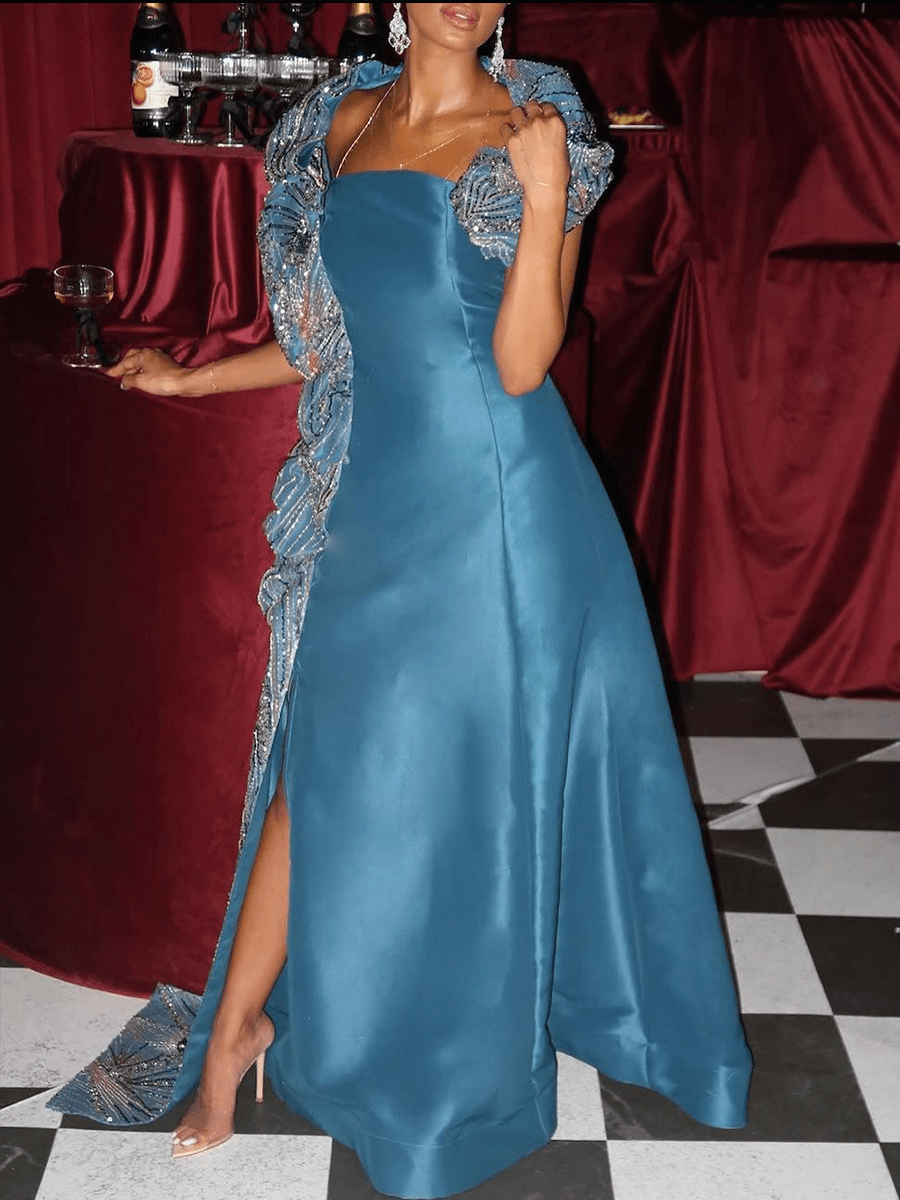 فستان سهرة أزرق فاتح بتصميم حريري فاخر ميكادو بكلفه خرز