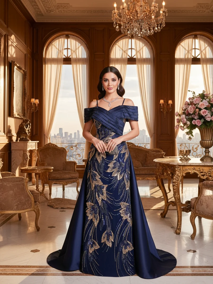 فستان سهرة كحلي مطرز بتفاصيل ذهبية فخمة