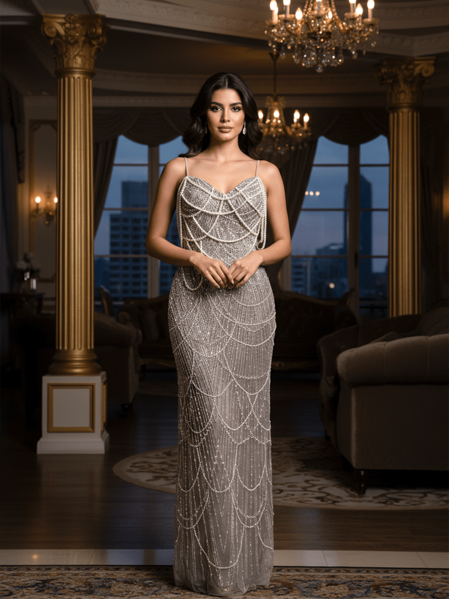 فستان سهرة فضي مطرز بتصميم فاخر ولمعة راقية