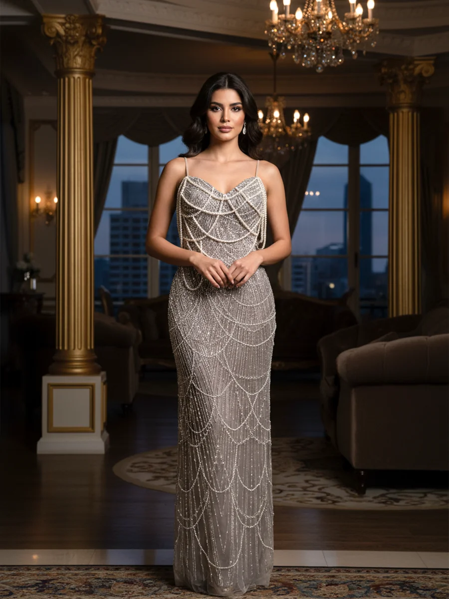 فستان سهرة فضي مطرز بتصميم فاخر ولمعة راقية