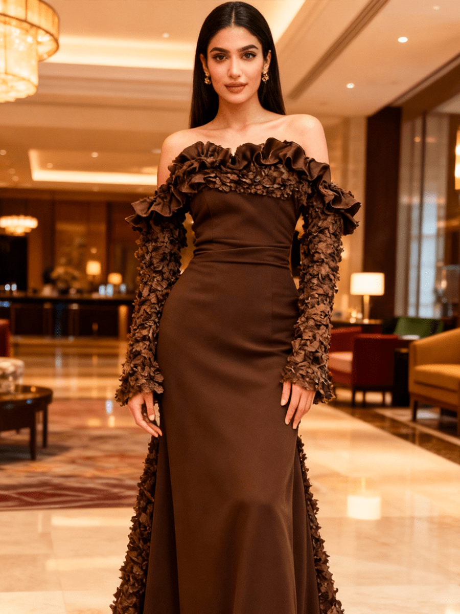 فستان أوف شولدر بتطريز ثلاثي الأبعاد باربي ذيل كلفه ورود