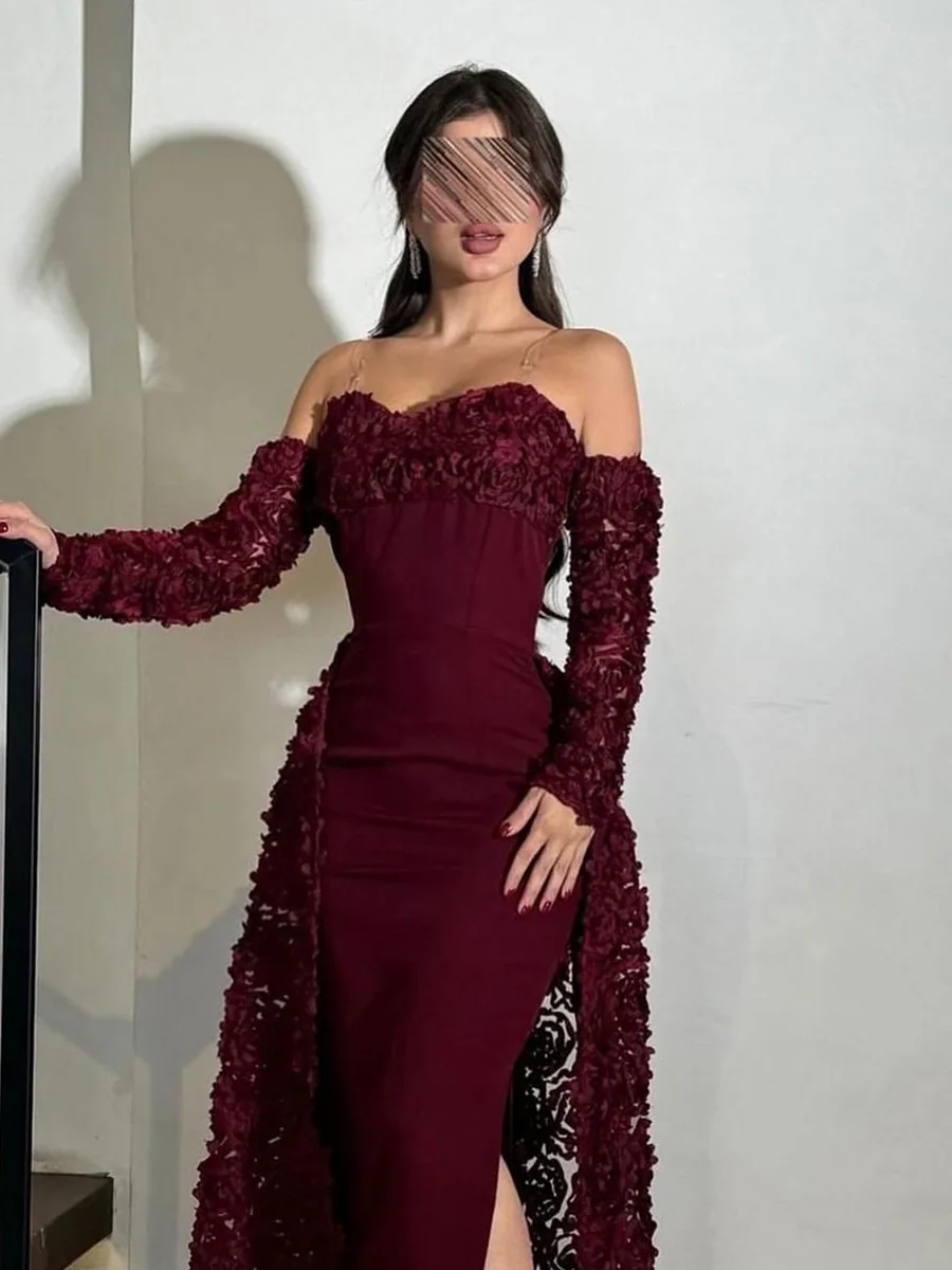 فستان أوف شولدر بتطريز ثلاثي الأبعاد باربي ذيل كلفه ورود