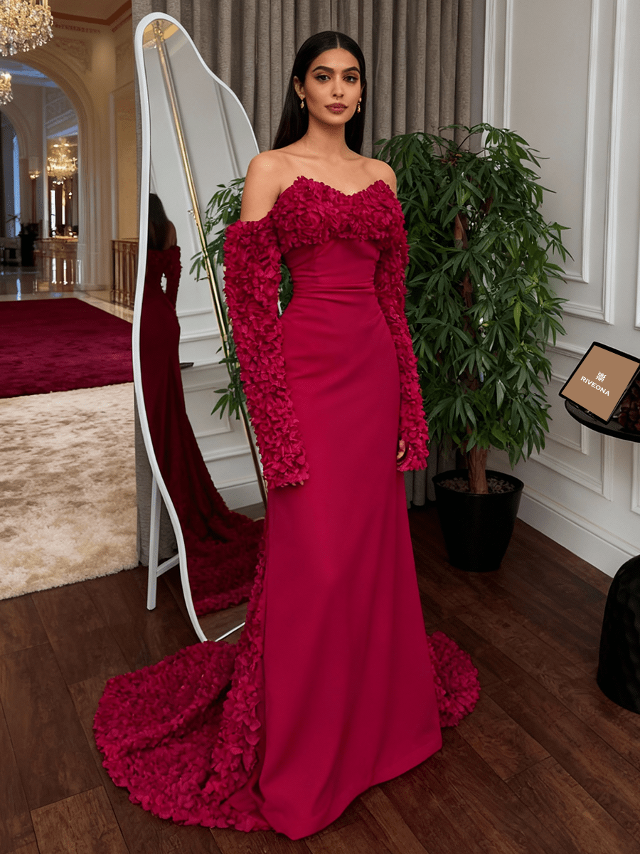 فستان أوف شولدر بتطريز ثلاثي الأبعاد باربي ذيل كلفه ورود