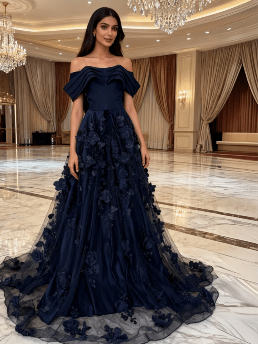 فستان سهرة أزرق كحلي بتصميم أوف شولدر وتنورة ورود بارزة