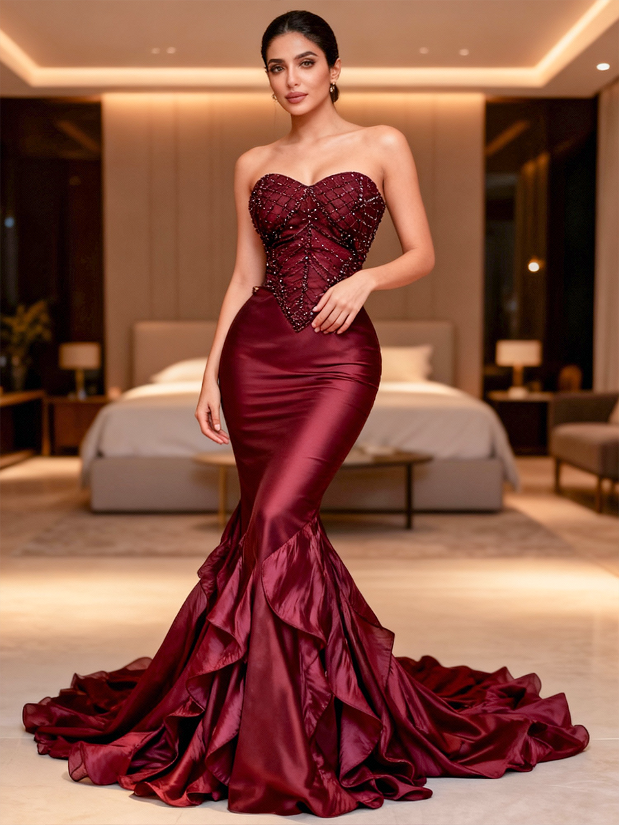 فستان سهرة عنابي لامع بطبقات مموجة وتطريز فاخر