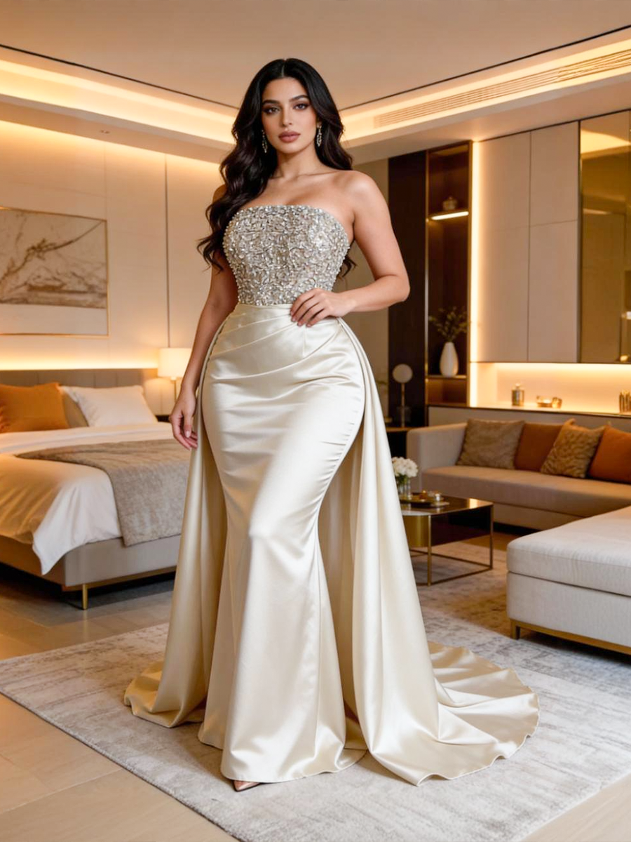 فستان سهرة أوف وايت بتنورة واسعة وتطريز فاخر