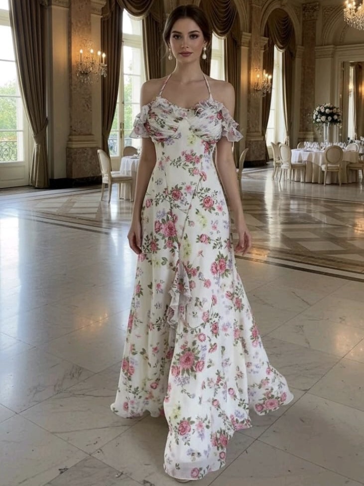 فستان شيفون مزهر بقصة انسيابية ولمسة رومانسية