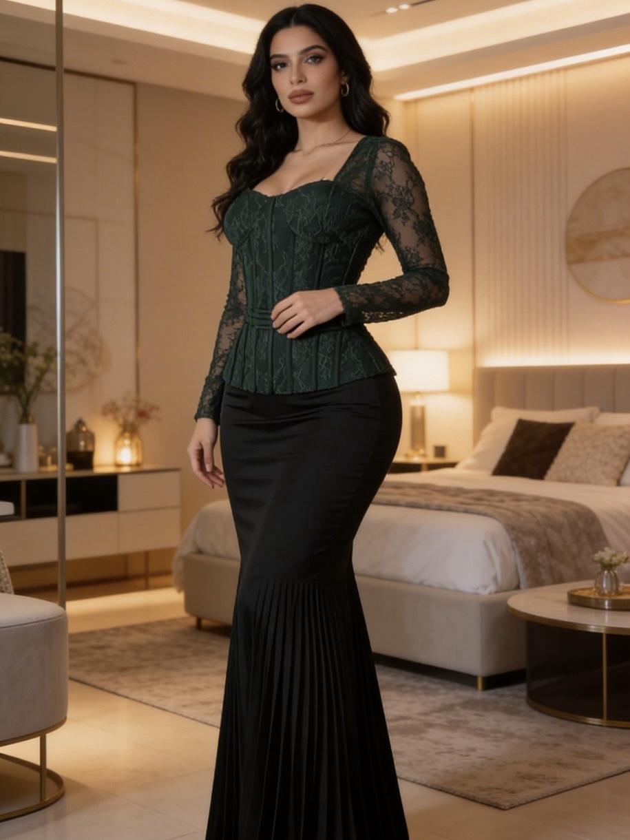 فستان سهرة أنيق بتصميم كورسيه ودانتيل – لون أخضر داكن مع أسود