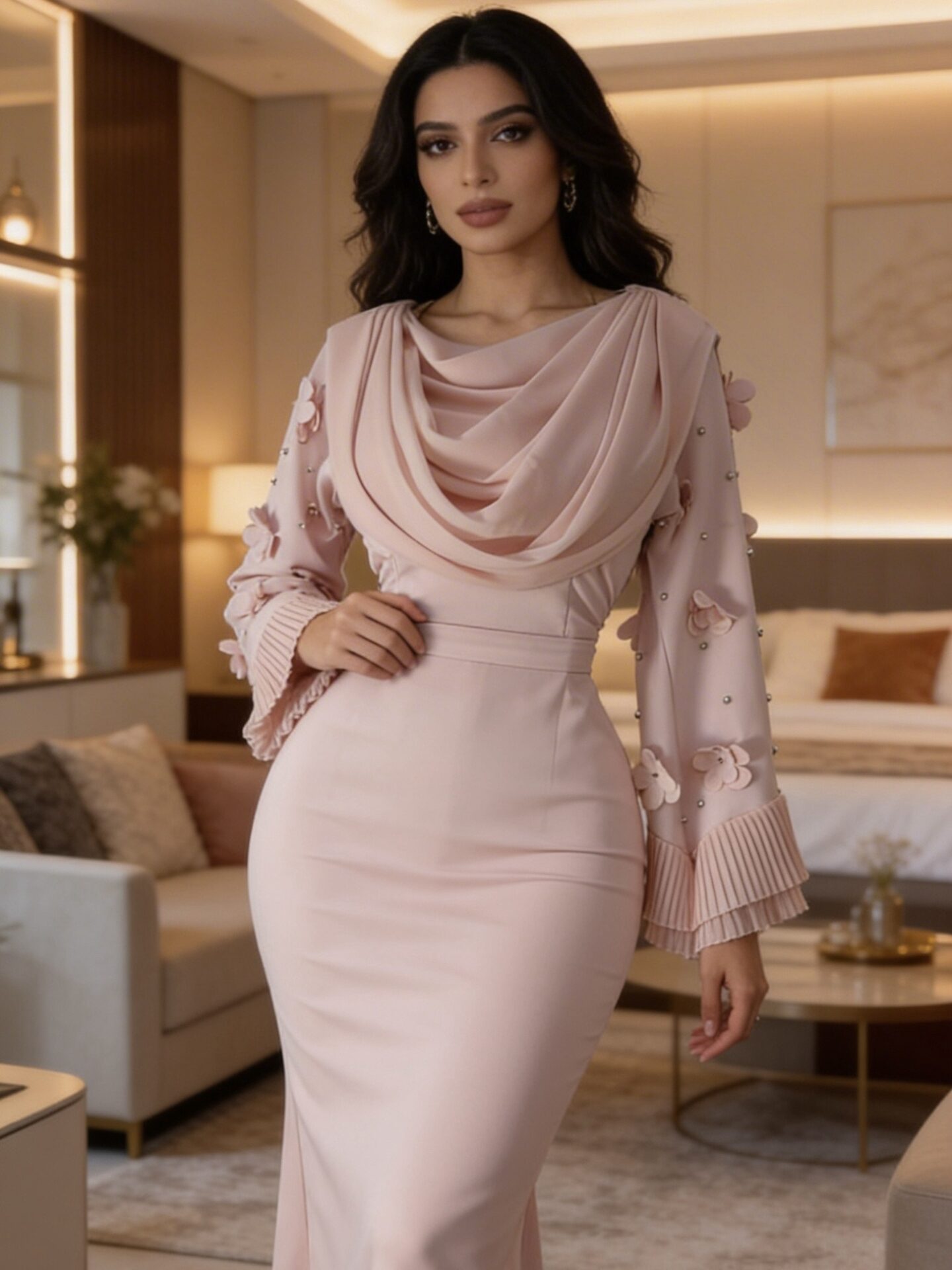 فستان أنيق وردي فاتح بتصميم أنثوي ناعم