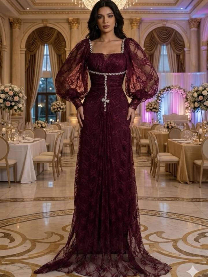 فستان فاخر بلون خمري عميق يجمع بين الأناقة والفخامة.